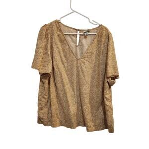 Ava & Viv Yellow Animal Print Short Sleeve Keyhole V-Neck Casual Blouse Top 1X